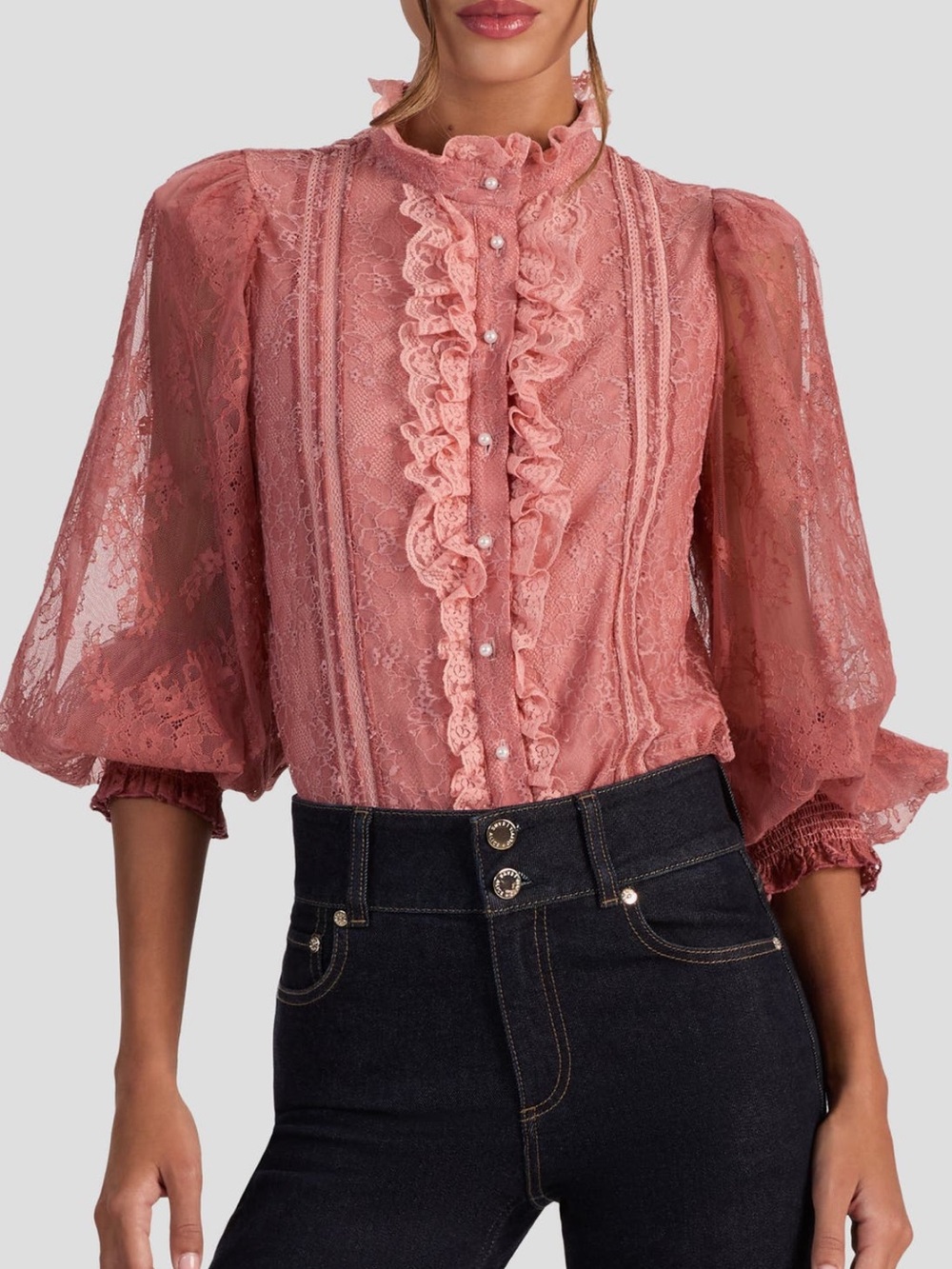 Alice + Olivia Eugenia Lace High Neck Ruffle Blouse Pink Size M NWOT